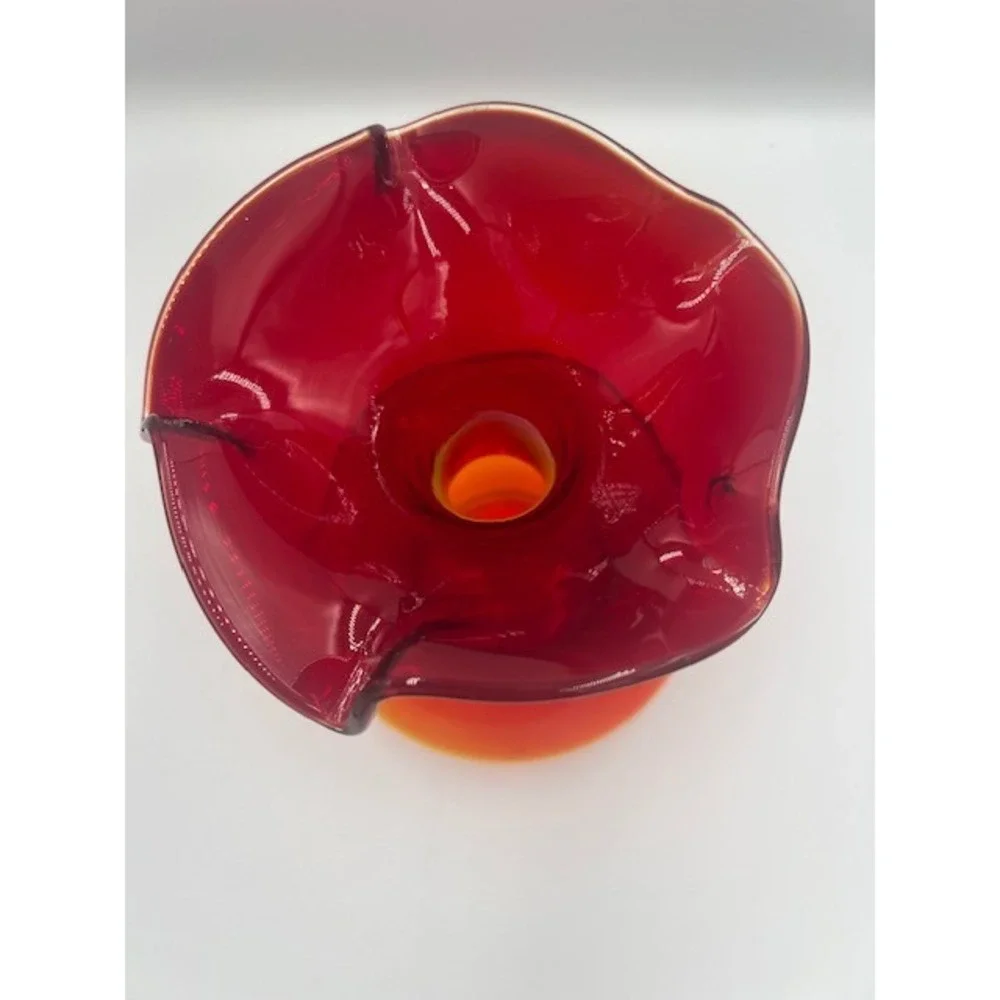 Vintage Amberina MCM Art Glass Ruffled Rim Vase Red Orange Blown Glass 10.5 In